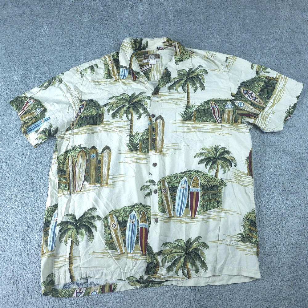 Kalaheo Shirt Mens Large White Hawaiian Surfboards Rayon Short Sleeve Button Up